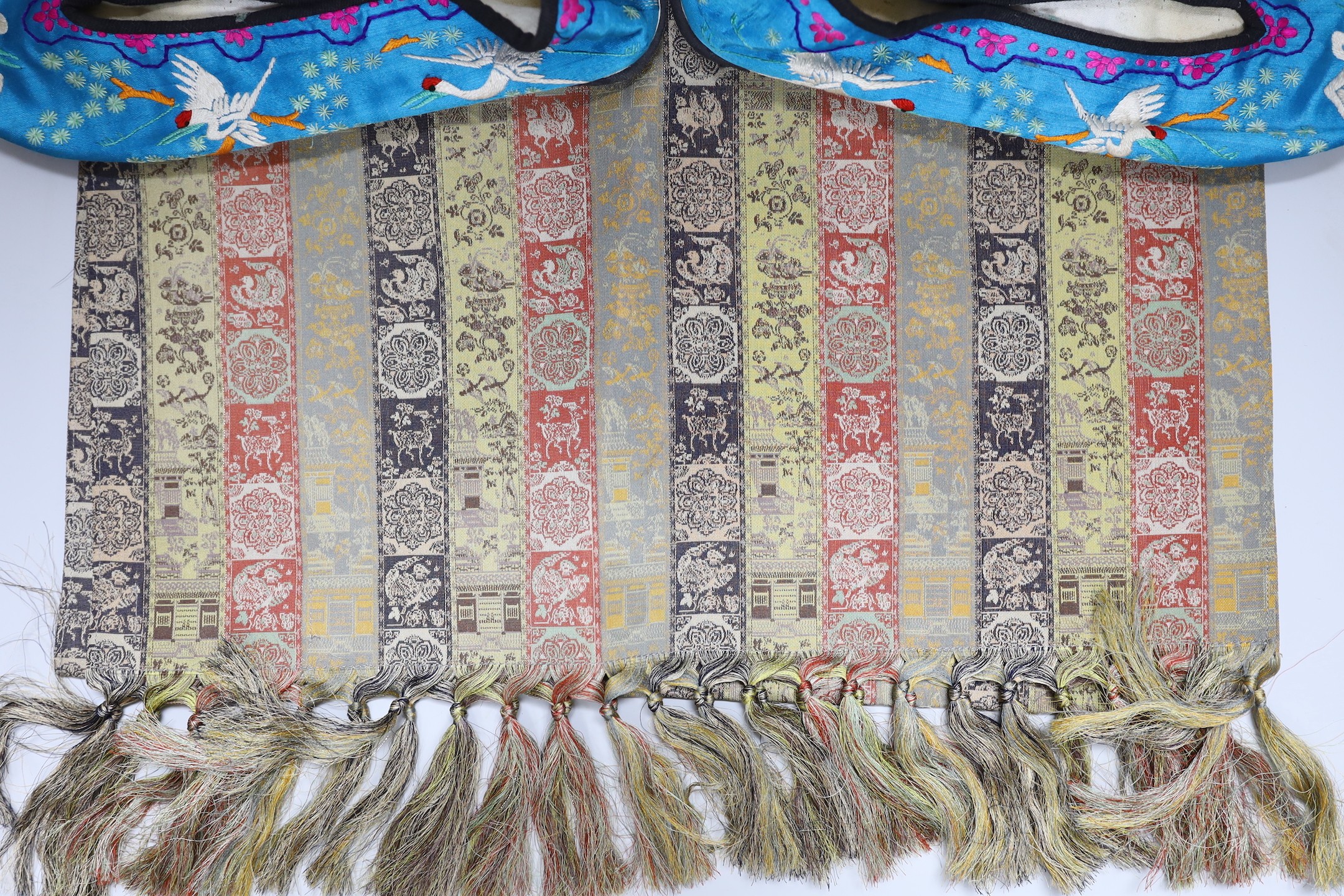 A pair of Chinese silkwork slippers and a Japanese table runner
